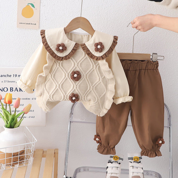 3-Piece Kids Outfit with 3D Flower Vest β Beige or Brown (1-5 Years)